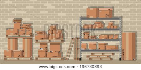 Pile cardboard boxes on warhouse shelves. Carton delivery packaging open and closed box with fragile signs. Brick wall. Vector illustration in flat style
