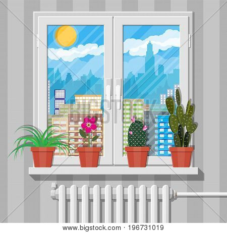 White window with flowers on wall and radiator. City skyline silhouette at day behind window. Skyscappers, towers, office and residental buildings. Sky, clouds, sun. Vector illustration in flat style