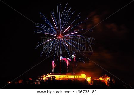 Fireworks above the church of Peter and Paul Brno South Moravia Czech republic