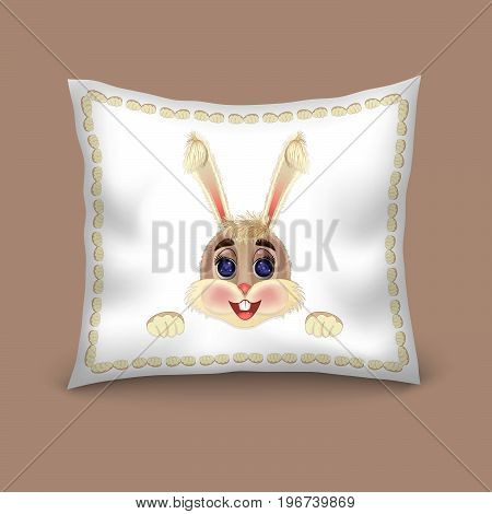 Pillow decorate cartoon bunny rabbit on blue background. Editable vector template. Editable vector template.