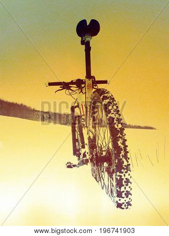 Film Effect.mountain Bike Stay In Powder Snow. Lost Path  In Deep Snowdrift. Rear Wheel Detail. Snow