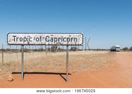 REHOBOTH NAMIBIA - JUNE 14 2017: The Tropic of Capricorn sign board on the B1-road south of Rehoboth