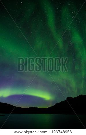 Northern lights at night over a lake in Igaliko Greenland