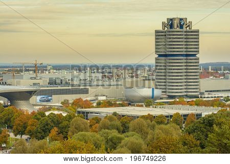 The famous BMW building seen from Olympiapark in an autumn evening on October 23 2016 in Munich Bavaria Germany.