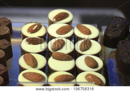 Luxurious Almond Chocolates on display in a confectioner's shop