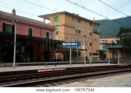 Monterosso Italy,October 23rd 2013.The train station in Monterosso Italy one of the five villages that make up the famous Cinque terre.Tourists waiting for the train in Monterosso.