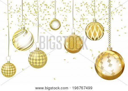 Vector golden xmas background abstract. Christmas ball snow ornaments set isolated. Christmas decoration with xmas magiclights and bokeh. New year gold effect decoration background.