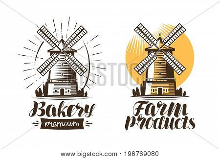 Ancient windmill, mill logo or label. Agriculture, farming, agribusiness icon. Vintage vector illustration isolated on white background