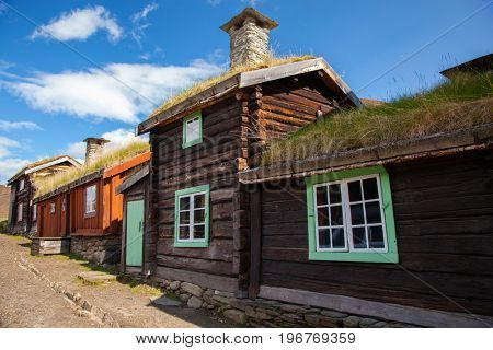 Traditional houses of copper mines town of Roros, Norway