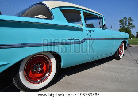 WEST FARGO, NORTH DAKOTA, July 20, 2017:  The West Fargo Cruise night occurs each 3rd Thursday night in the summer months and features classic cars as this side profile of a 1958 Delray Chevrolet.