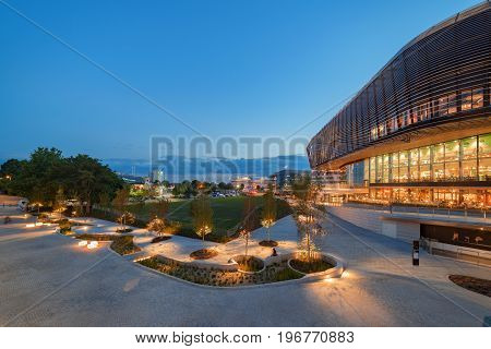 Southampton, UK. 24th July 2017. A twilight capture of the newly constructed 'Watermark Westquay' development of restaurants, bars and leisure facilities.