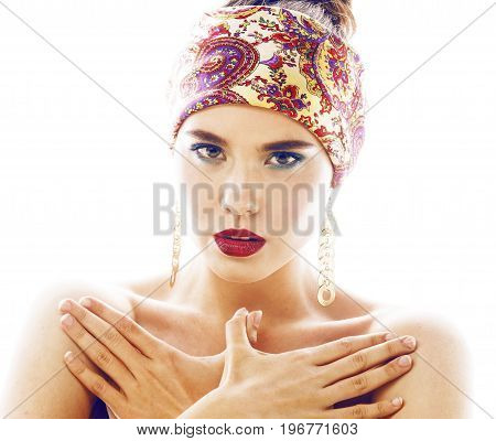 young pretty modern girl with bright shawl on head emotional posing isolated on white background, asian people ethnicity