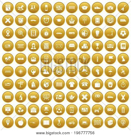 100 bus icons set in gold circle isolated on white vector illustration