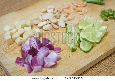 Vegetable and Herb Chopped Lime Chili Pepper Ginger and Groundnut Dried Shrimp Used for Seasoning in Cooking.