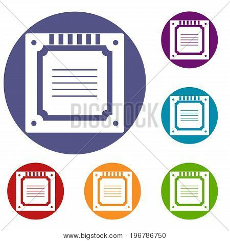 Modern multicore CPU icons set in flat circle red, blue and green color for web