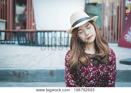 beautiful young asian girl have a happy time alone vintage tone