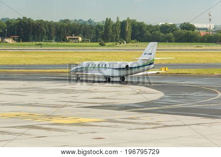 PRAGUE, CZECH REPUBLIC - JUNE 16, 2017: Cessna 680 Citation Sovereign OK-EMA Is waiting.