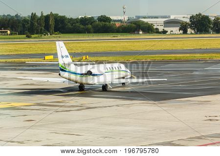 PRAGUE, CZECH REPUBLIC - JUNE 16, 2017: Cessna 680 Citation Sovereign OK-EMA Is waiting.