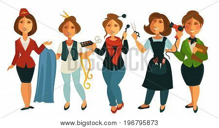 Professions people of stewardess woman, tailor dressmaker or fashion designer and makeup stylist, hairdresser and teacher. Vector isolated flat icons set
