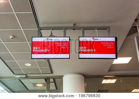 PRAGUE, CZECH REPUBLIC - JUNE 16, 2017: Sky priority pass way for passengers business and economic class