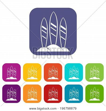 Serfing board icons set vector illustration in flat style in colors red, blue, green, and other