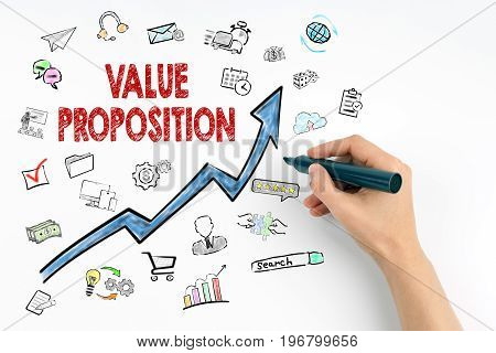 Value Proposition Concept. Hand with marker writing.