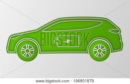 Green hybrid car in paper art style. Electric powered environmental vehicle side view. Contour automobile with battery sign. Vector illustration.