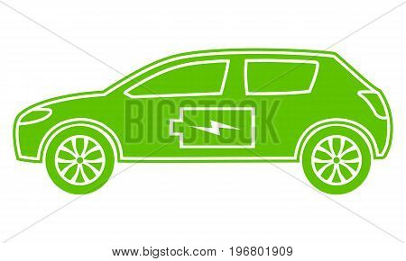 Green hybrid car icon. Electric powered environmental vehicle. Contour automobile with battery sign. Vector illustration.