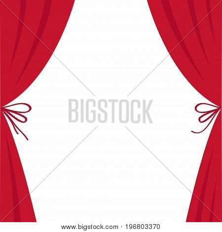 Open luxury red silk stage theatre curtain. Velvet scarlet curtains with bow. Flat design. Movie cinema premiere. Template. White background. Isolated. Vector illustration