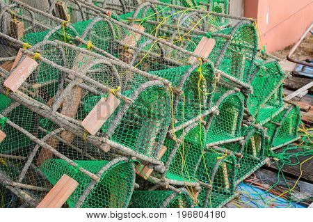 Traps for catching crab and lobster in the fisher village in Thailand Khlong Yai