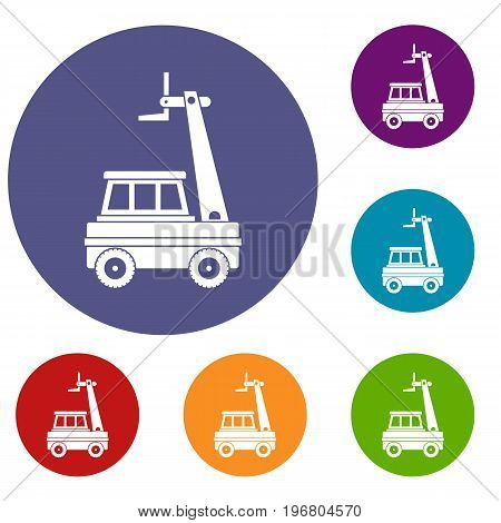 Cherry picker icons set in flat circle red, blue and green color for web