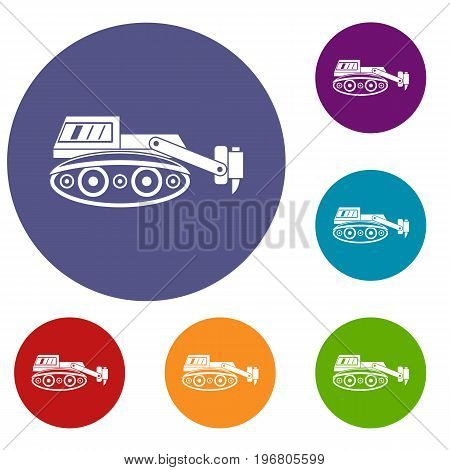 Excavator with hydraulic hammer icons set in flat circle red, blue and green color for web