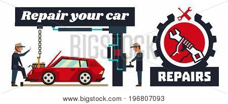 Horizontal banner template on car repairs. Logo, hand holding a wrench. Auto mechanic removed engine. Capital repair of the motor. Special equipment. Red car. Vector illustration