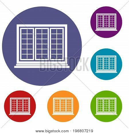 Wooden tricuspid window icons set in flat circle red, blue and green color for web
