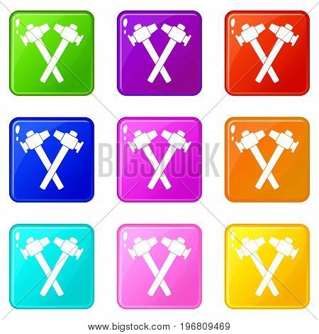 Crossed blacksmith hammer icons of 9 color set isolated vector illustration