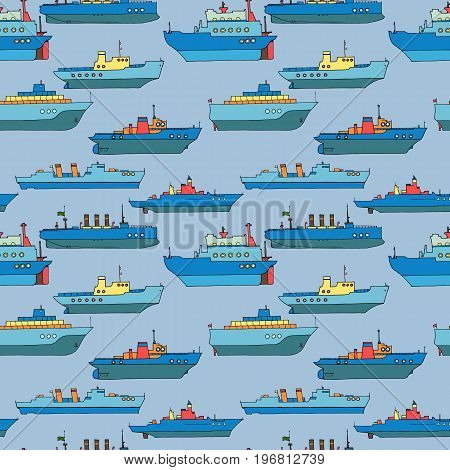 vector seamless pattern with cartoon ships, hand drawn illustration
