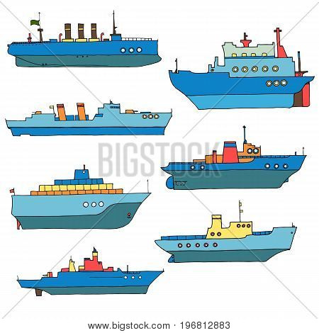 vector set of line drawing ships, hand drawn illustration