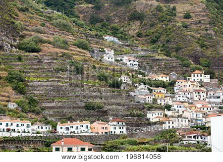 Fields and houses along west coast near Porto Moniz on Madeira Island. Portugal