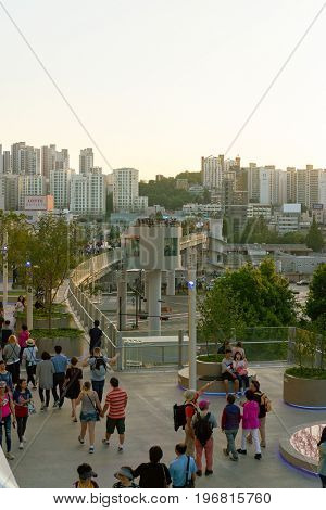 SEOUL, SOUTH KOREA -  JUNE 01, 2017: Seoul 7017 Skypark at daytime. The Seoullo 7017 Skypark, is an elevated linear park in central Seoul  which opened on May 20, 2017.