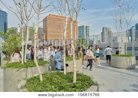 SEOUL, SOUTH KOREA - MAY 20, 2017: Seoul 7017 Skypark at opening day. The Seoullo 7017 Skypark, is an elevated linear park in central Seoul  which opened on May 20, 2017.