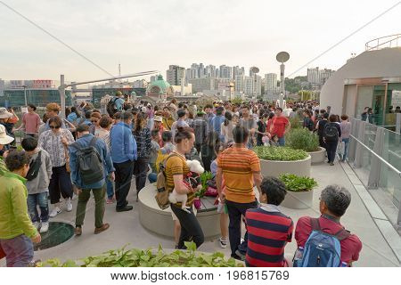 SEOUL, SOUTH KOREA - MAY 20, 2017: Seoul 7017 Skypark at opening day. The Seoullo 7017 Skypark, is an elevated linear park in central Seoul  which opened on May 20, 2017.