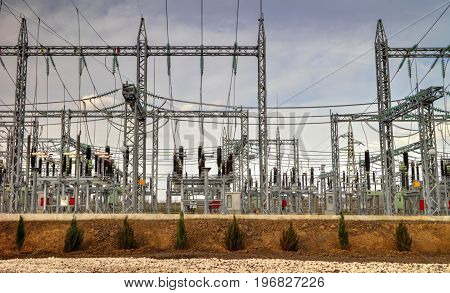High voltage switchyard in modern electrical substation