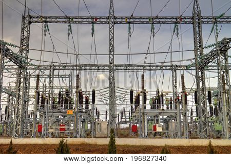 High voltage switchyard in modern electrical substation