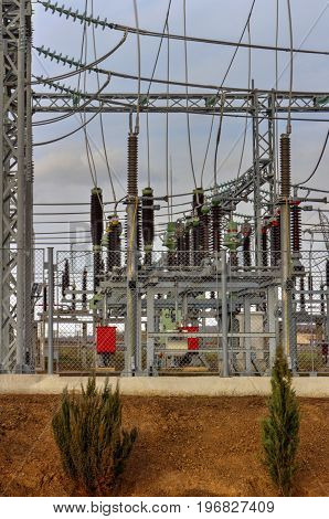 High voltage switchyard in modern electrical substation
