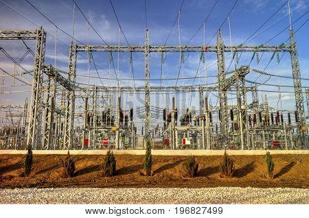High voltage switchyard in modern electrical substation