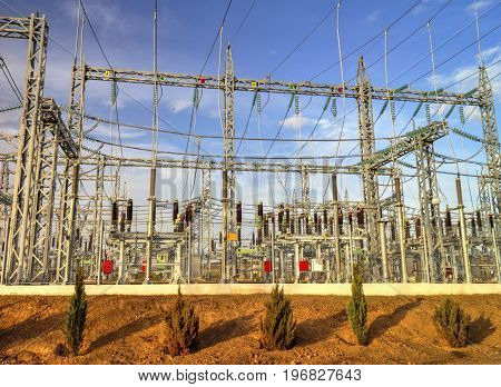 High voltage switchyard in modern electrical substation