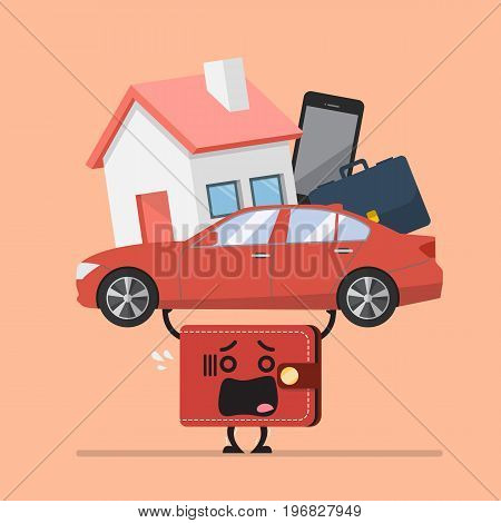 Stress wallet carrying debt burden. Business concept