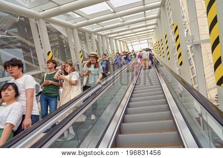 SEOUL, SOUTH KOREA -  MAY 20, 2017: Seoul 7017 Skypark escalator and elevator on road to Toegye-ro. The Seoullo 7017 Skypark, is an elevated linear park in central Seoul  which opened on May 20, 2017.
