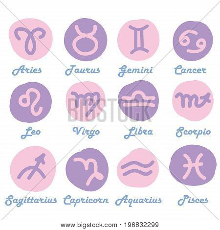 Zodiac pictograms in circles isolated on white background. Cartoon style.
