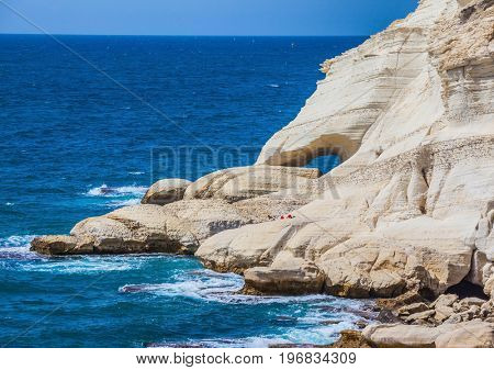 The grottoes of Rosh Ha Nikra. Geological phenomenon in the north of Israel. Rocks of white limestone form arches and grottoes on the shores of the Mediterranean Sea